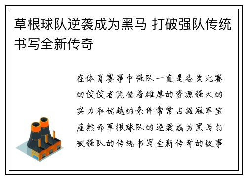 草根球队逆袭成为黑马 打破强队传统书写全新传奇